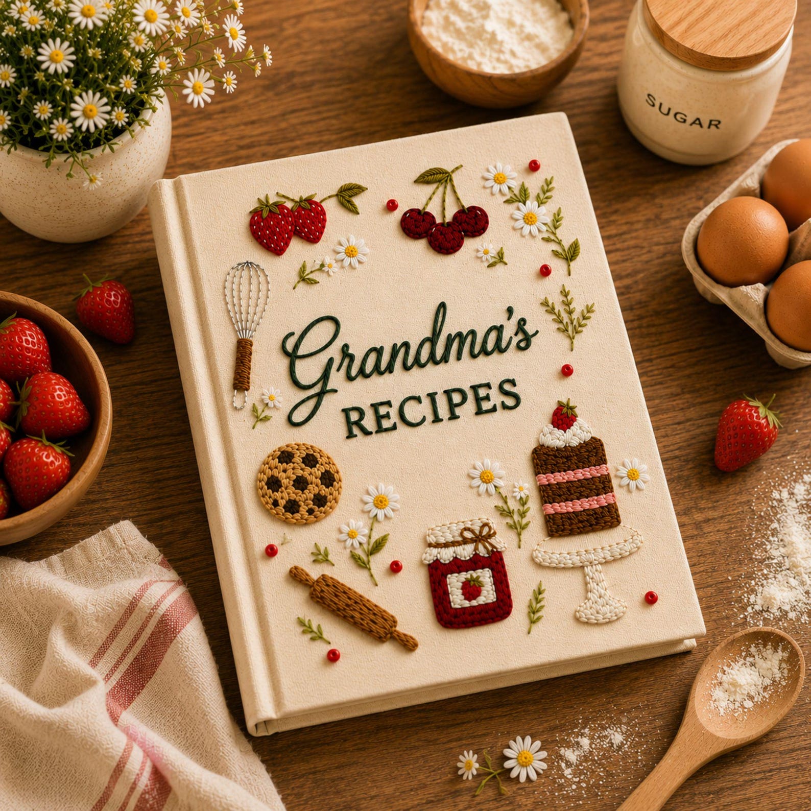 Personalized strawberry bakery hand embroidered recipe book featuring strawberries jam cupcakes layered cakes cookies and floral embroidery