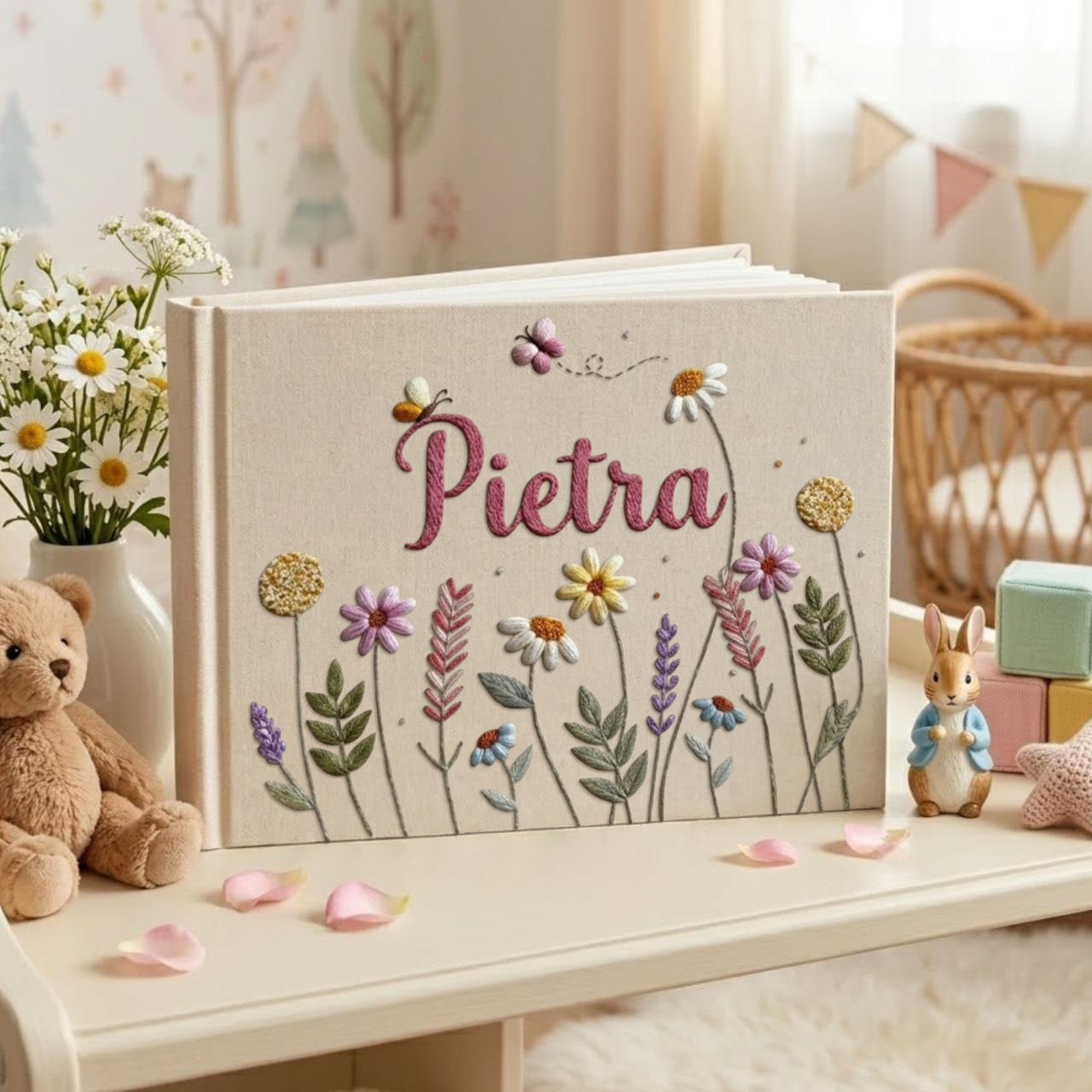 Personalized wildflower meadow hand embroidered linen notebook with botanical flowers and custom name