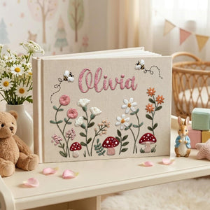 Personalized woodland mushroom garden hand embroidered linen notebook with wildflowers bees and custom name