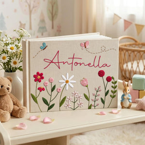 Personalized bright bloom garden hand embroidered linen notebook with colorful flowers butterflies and custom name