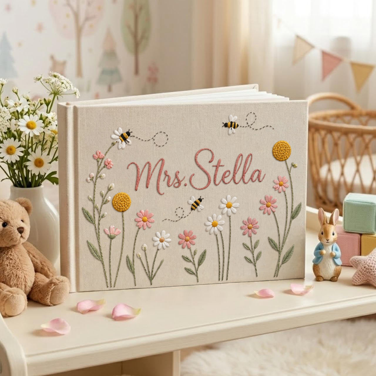Personalized daisy bee garden hand embroidered linen notebook with floral embroidery and custom name
