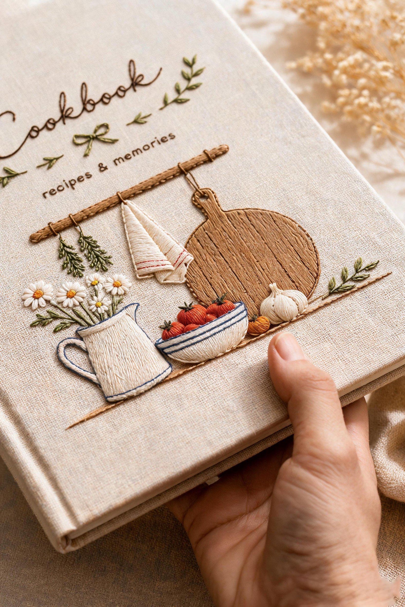 Hand embroidered farmhouse cookbook featuring rustic kitchen shelf daisies tomatoes herbs garlic and wooden cutting board on linen cover