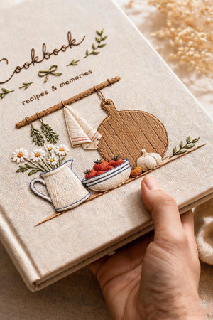 Hand embroidered farmhouse cookbook featuring rustic kitchen shelf daisies tomatoes herbs garlic and wooden cutting board on linen cover