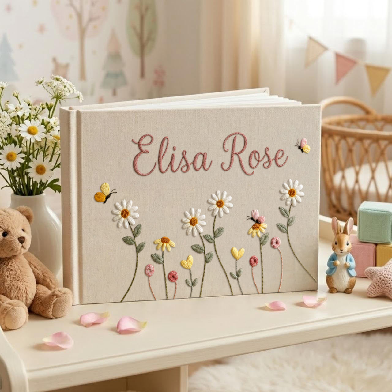 Personalized daisy butterfly hand embroidered linen notebook with custom name floral journal gift