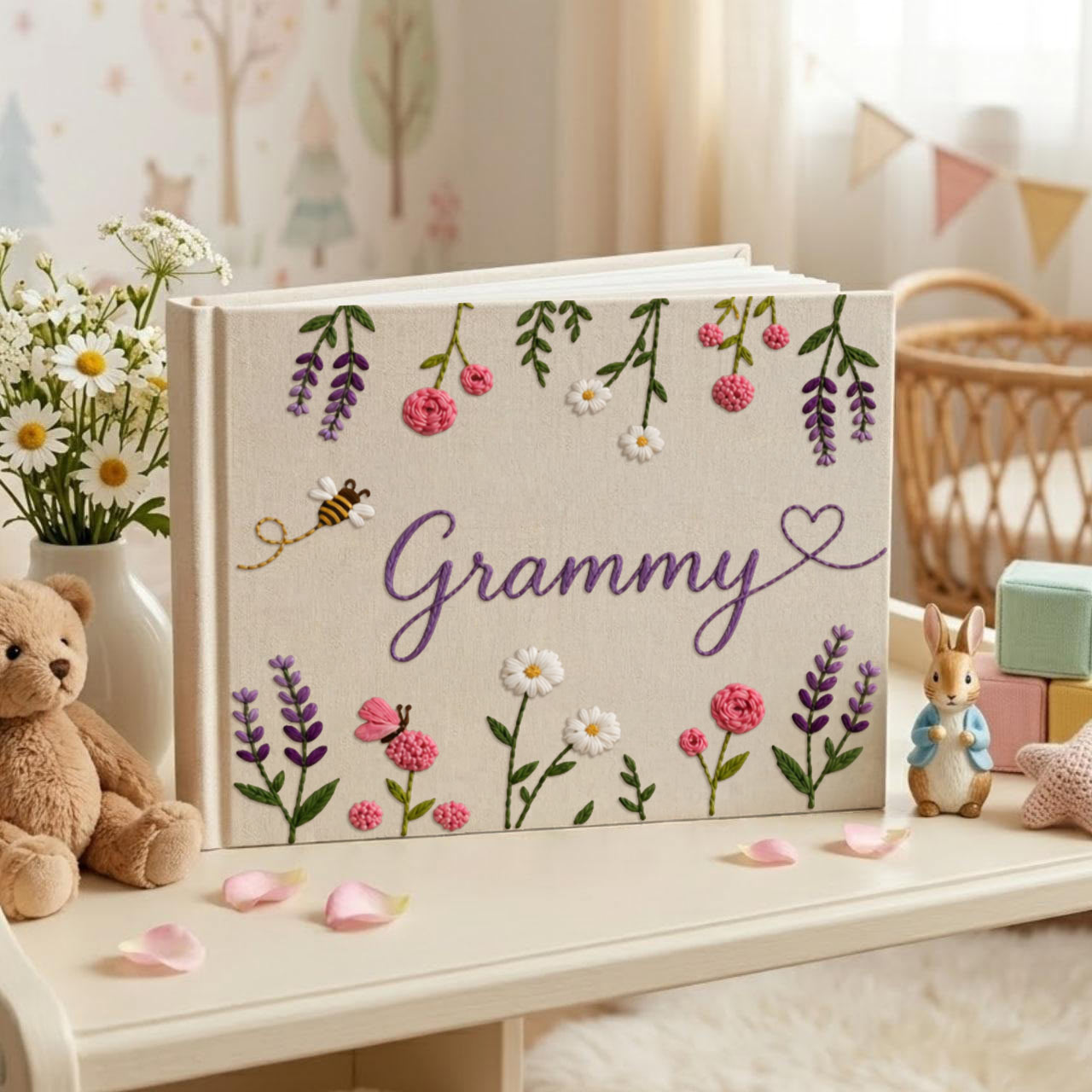 Personalized lavender blossom hand embroidered linen notebook with floral garlands butterflies daisies and custom name