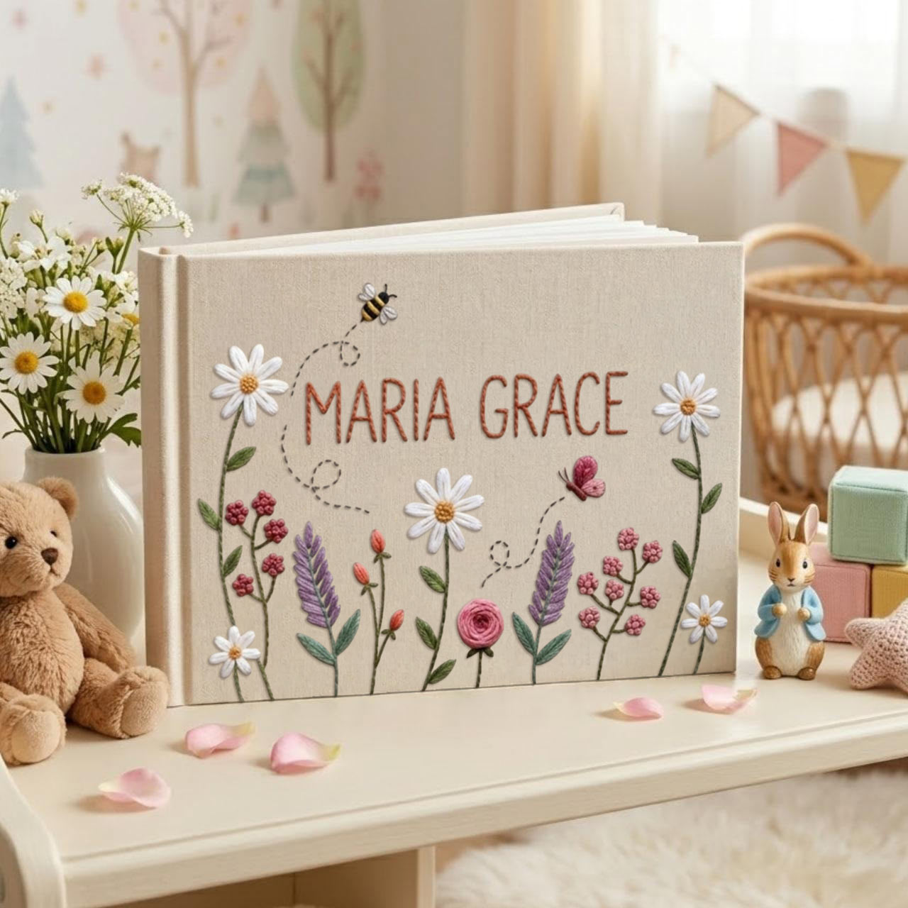 Personalized wildflower bee hand embroidered linen notebook with custom name floral garden journal gift