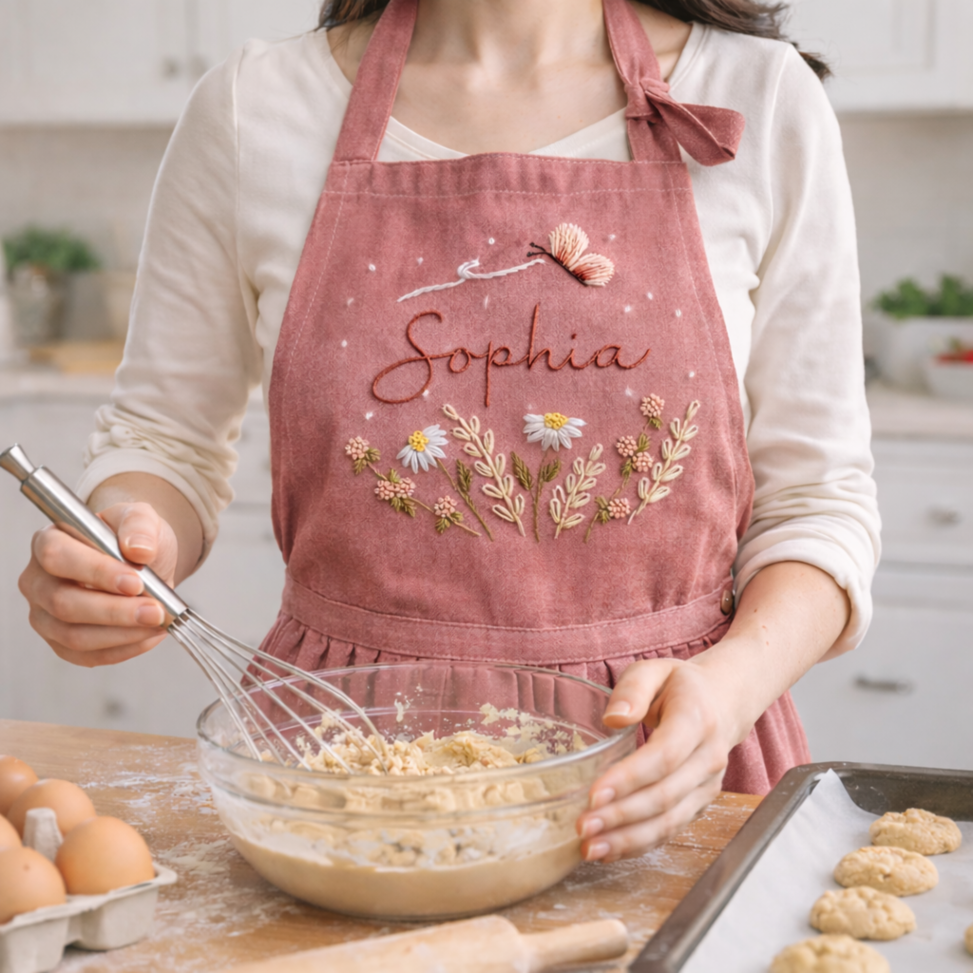 Personalized hand embroidered linen apron featuring wildflowers, daisy flowers, botanical foliage, butterfly embroidery, and custom name personalization on green linen fabric.