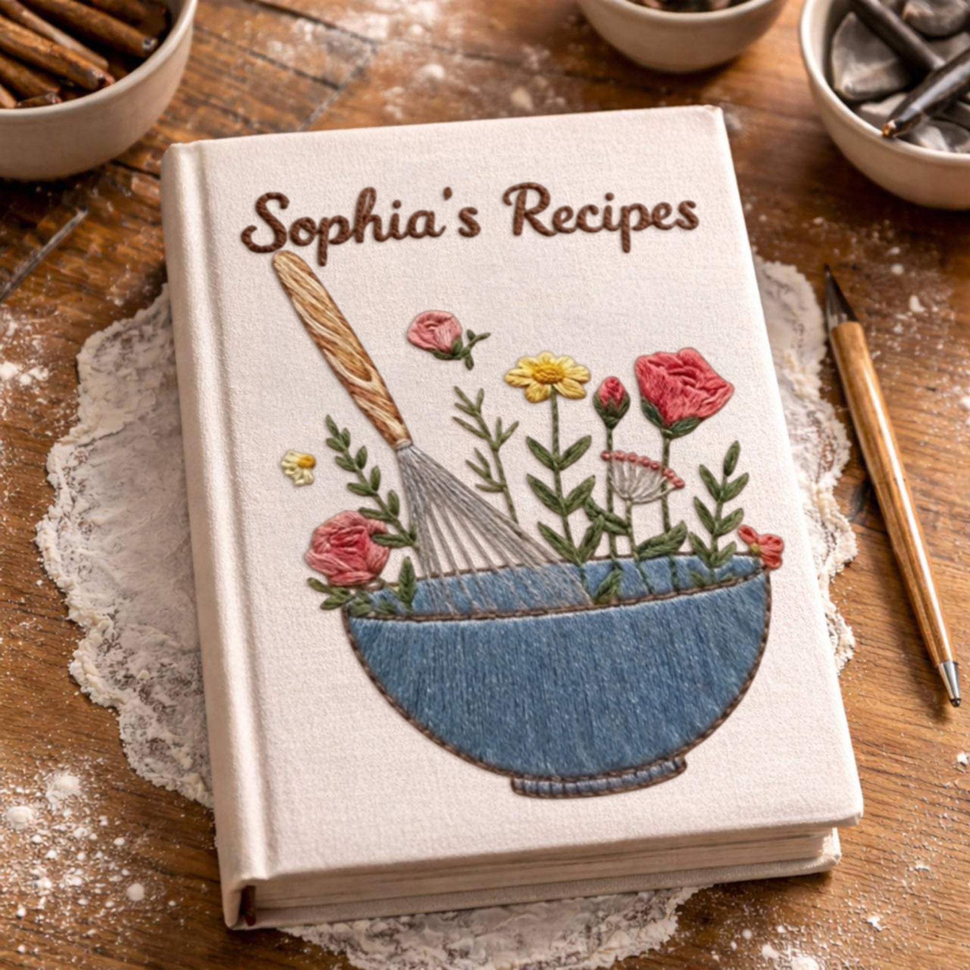 Personalized embroidered floral recipe journal handmade linen cookbook with blue mixing bowl 5