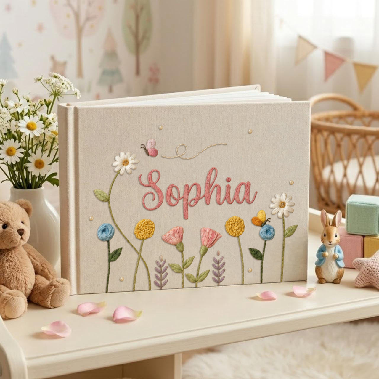 Personalized pastel wildflower hand embroidered linen notebook with butterflies colorful flowers and custom name