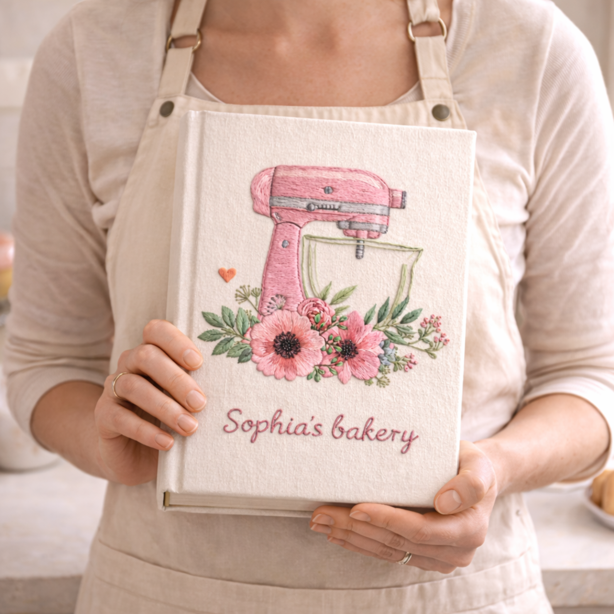 Personalized hand embroidered recipe book featuring a vintage red stand mixer decorated with blooming roses and floral accents on a linen cover.