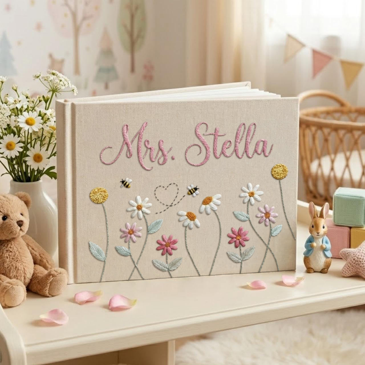 Personalized daisy bee hand embroidered linen notebook with floral meadow and custom name