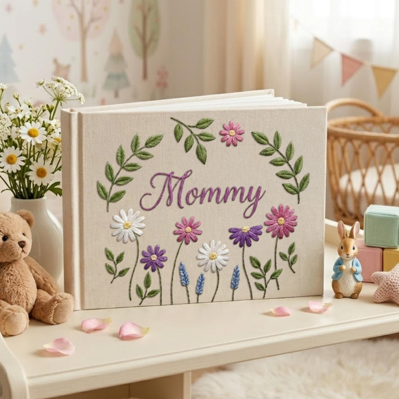 Personalized floral wreath hand embroidered linen notebook with botanical flowers and custom name
