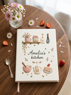 Personalized hand embroidered recipe book featuring floral teapot whisk sugar jar mixing bowl strawberry cake and cottage tea party motifs