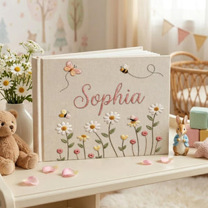 Personalized daisy bee butterfly hand embroidered linen notebook with floral meadow and custom name