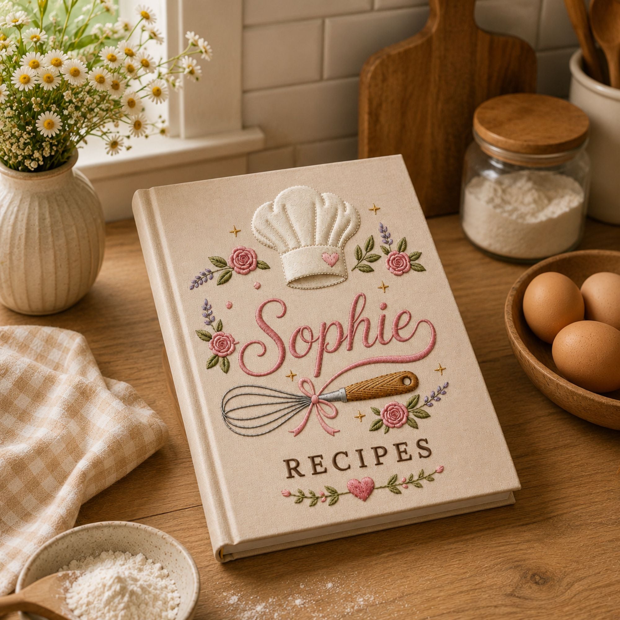 Personalized hand embroidered recipe book featuring a chef hat, whisk with ribbon, pink roses, lavender flowers and custom name embroidery on a linen cover.