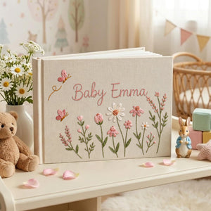 Personalized butterfly wildflower hand embroidered linen notebook with pink flowers and custom name