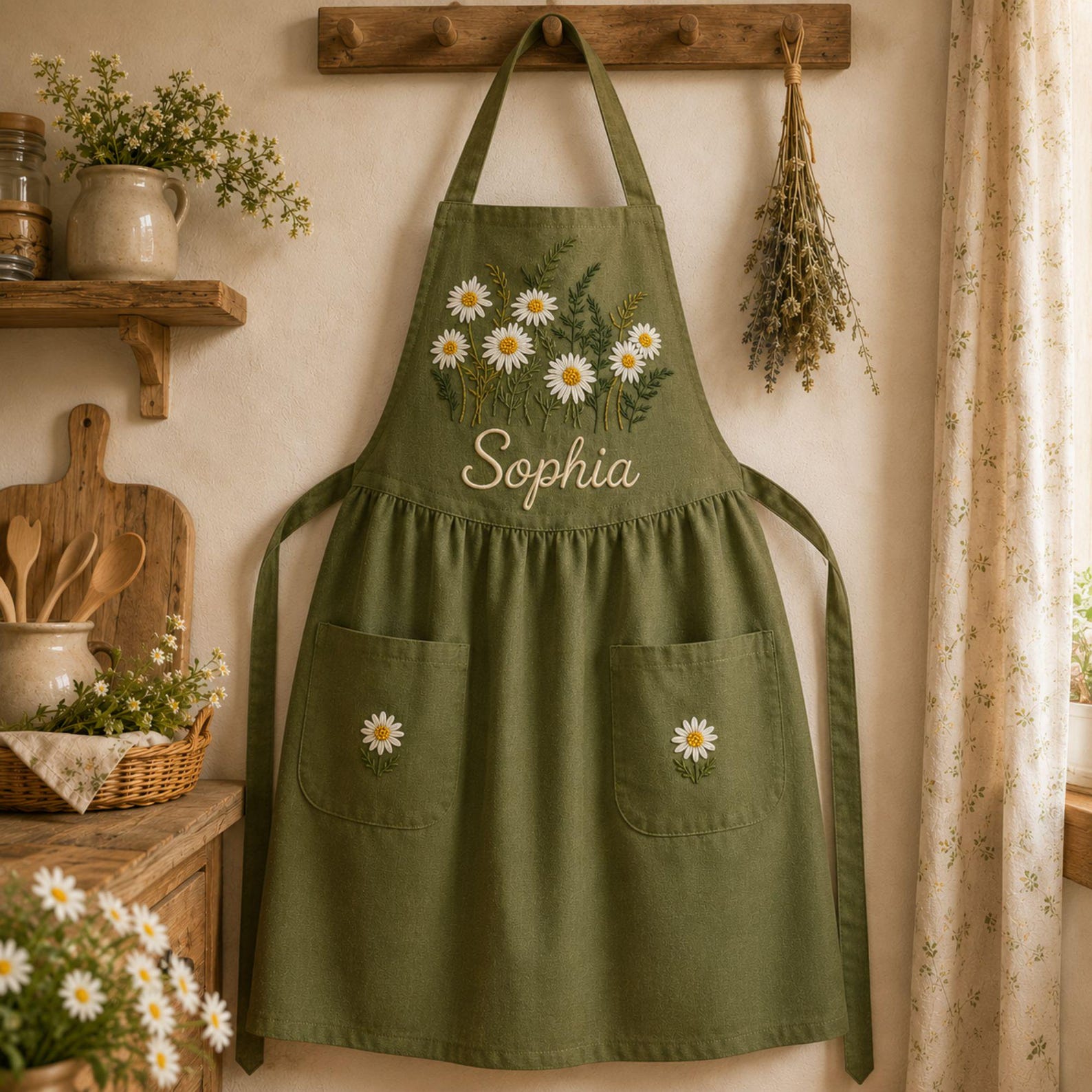 Personalized hand embroidered daisy flower apron featuring custom name embroidery, white daisies, and botanical greenery on natural linen fabric.