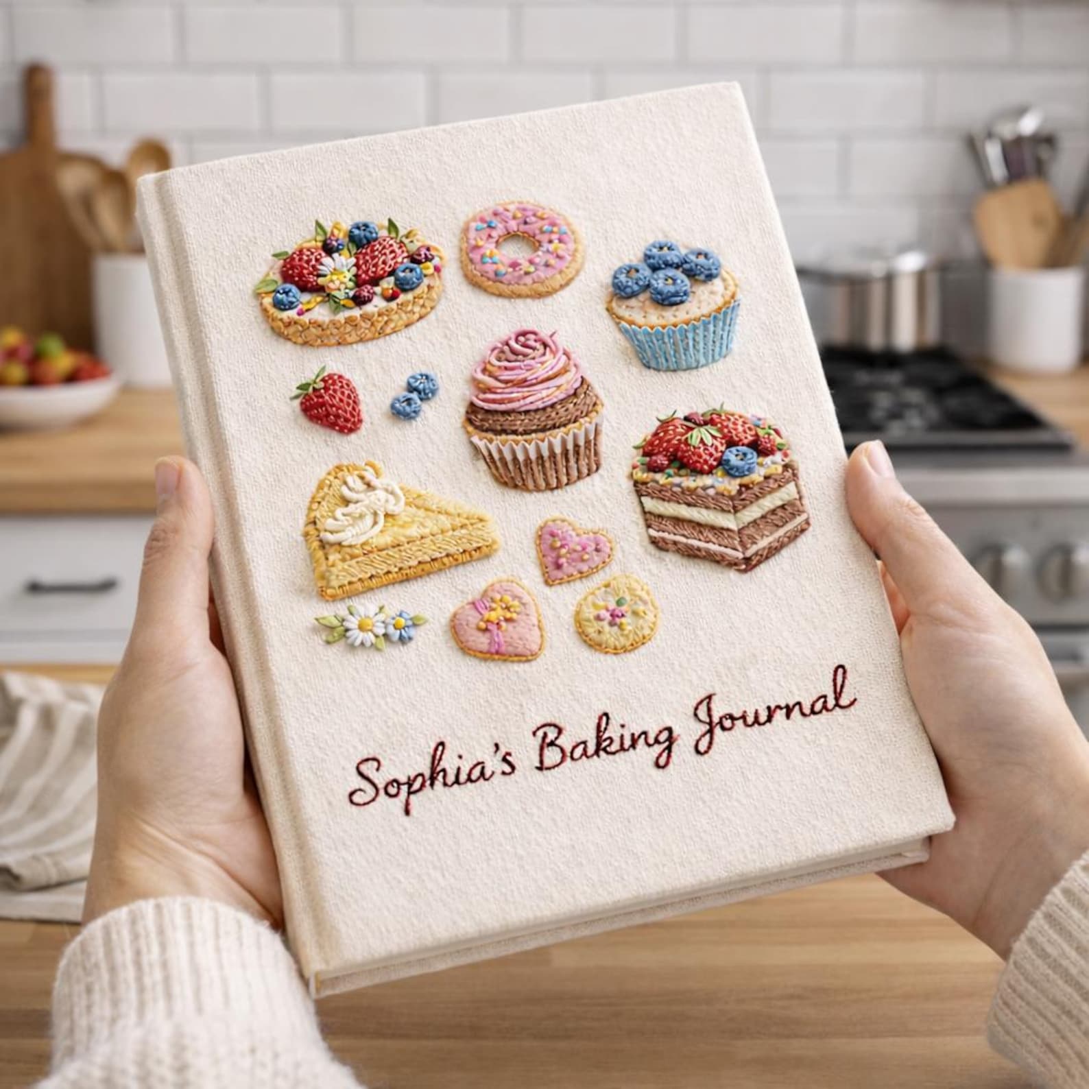 Personalized hand embroidered baking journal featuring cupcakes, donuts, fruit tarts, cakes, cookies and dessert themed illustrations on linen recipe book cover.