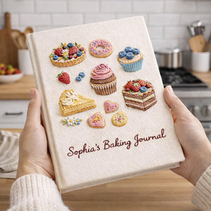 Personalized hand embroidered baking journal featuring cupcakes, donuts, fruit tarts, cakes, cookies and dessert themed illustrations on linen recipe book cover.