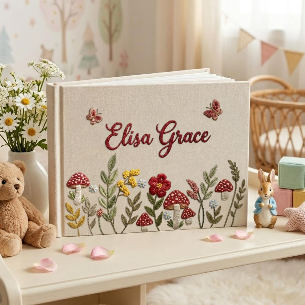Personalized woodland mushroom hand embroidered linen notebook with butterflies wildflowers and custom name