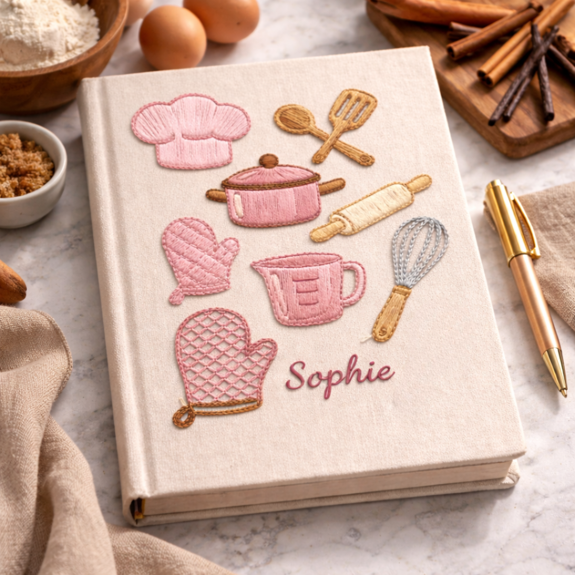 Personalized hand embroidered recipe book featuring pink baking tools, stand mixer, oven mitts, recipe cards, measuring cups, chef hat, whisk, and bakery-inspired embroidery on linen cover.