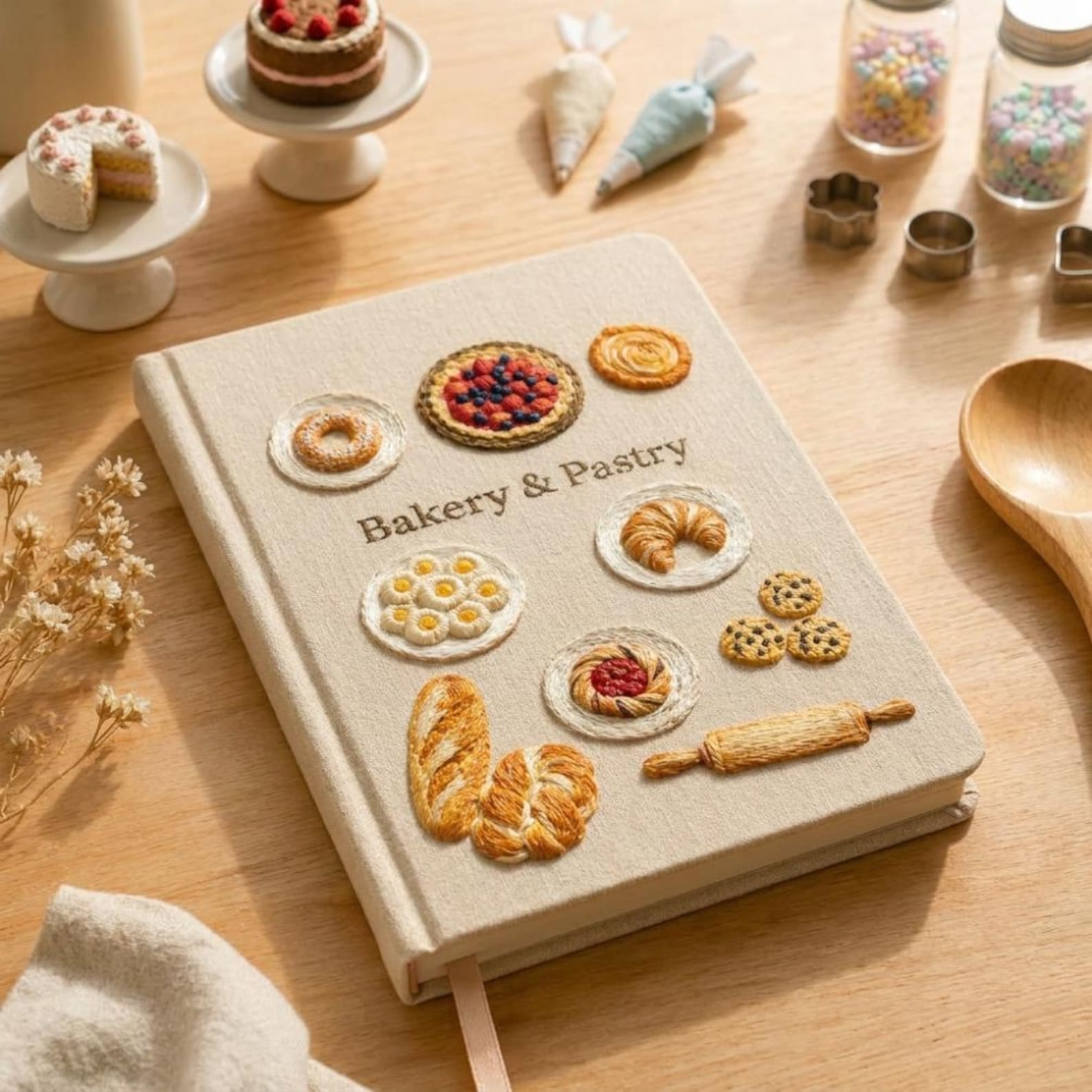 Hand embroidered bakery recipe book featuring artisan breads, pastries, fruit tart, cookies, croissant and rolling pin on linen cover.