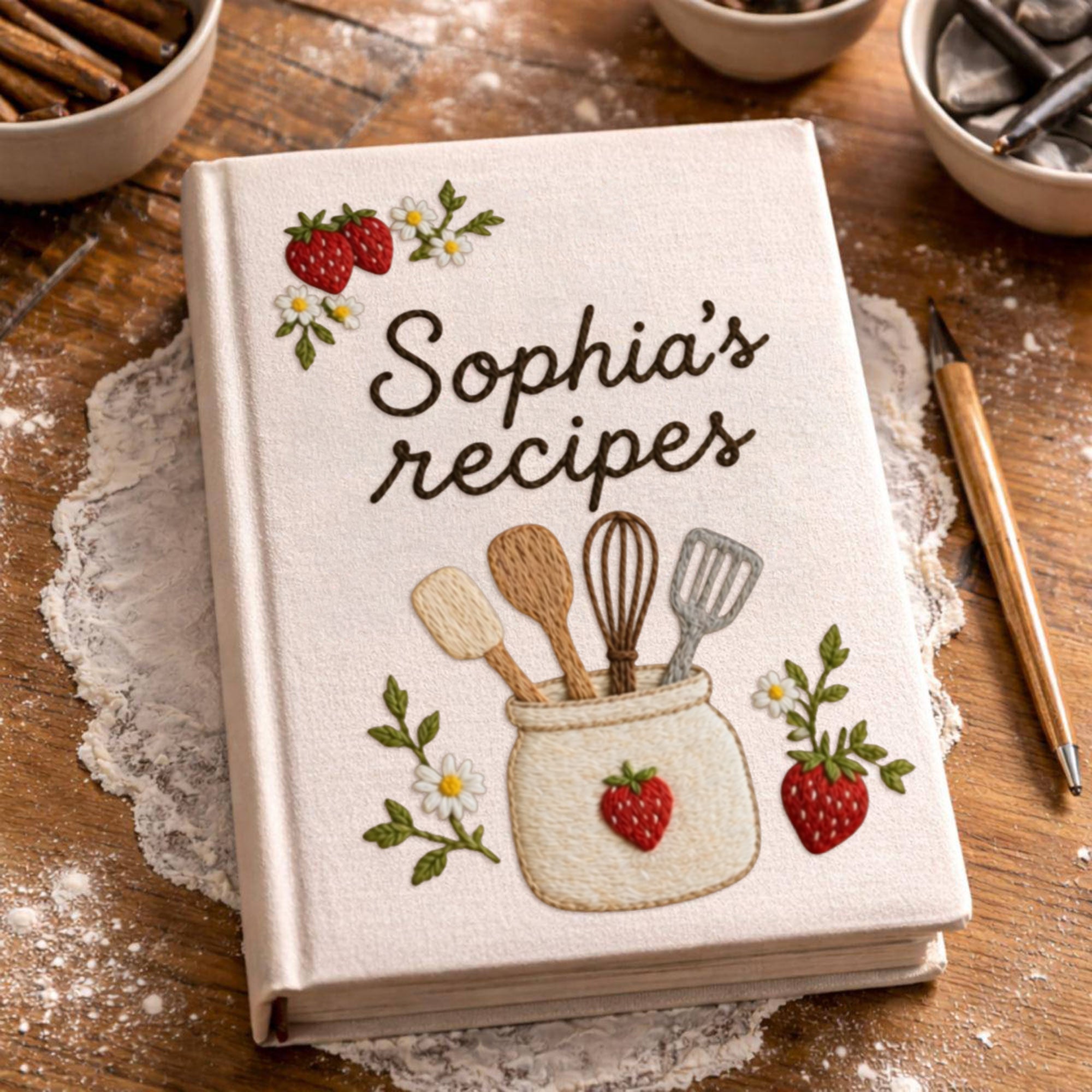 Personalized embroidered recipe book handmade linen cookbook strawberry kitchen journal 5