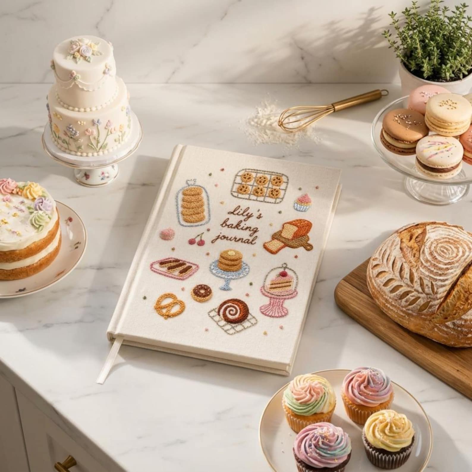 Personalized hand embroidered baking journal featuring cookies cakes donuts pastries macarons and bakery treats on linen cover