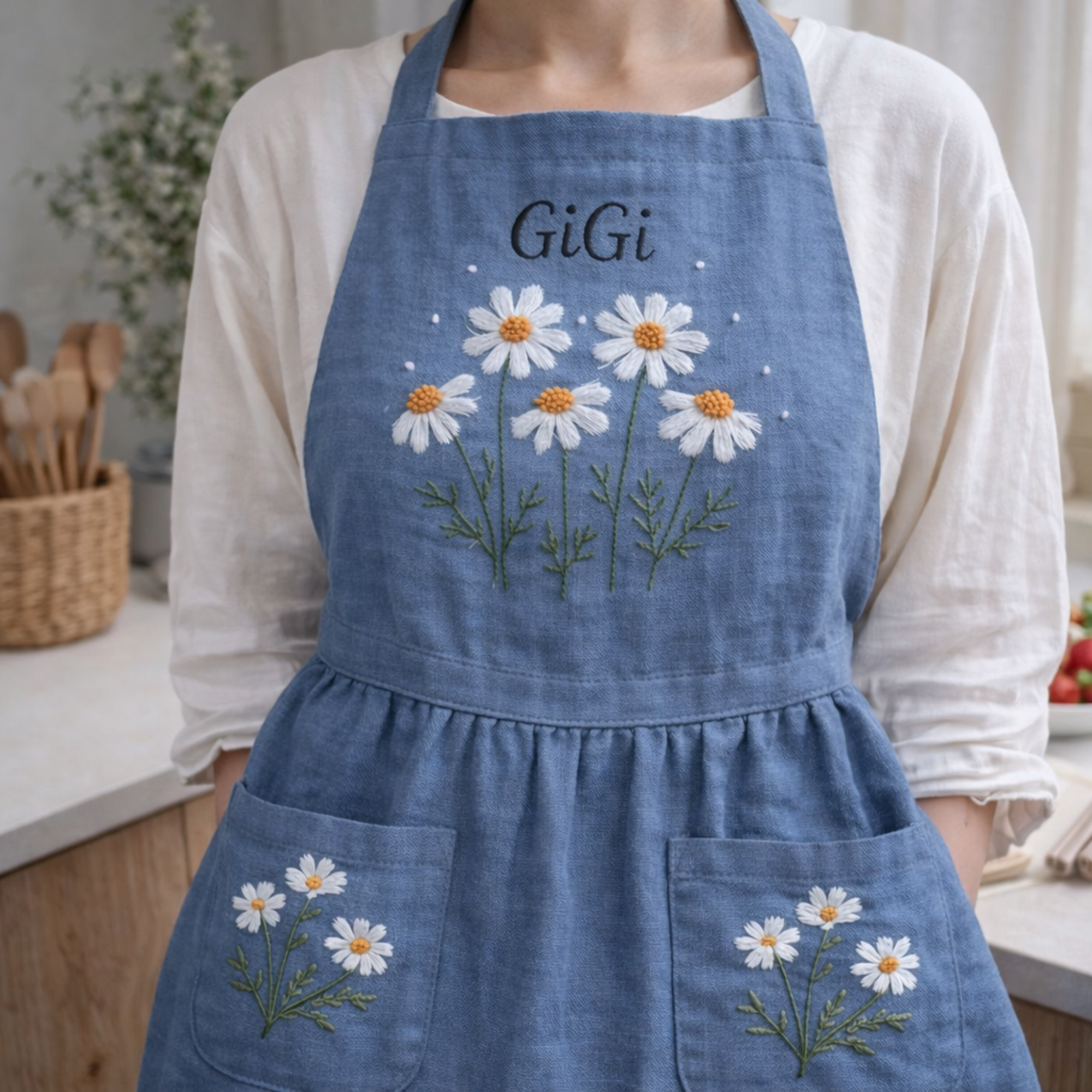 Personalized hand embroidered linen apron featuring white daisy flowers, botanical foliage, custom name embroidery, and floral pocket details.