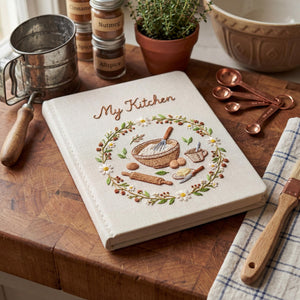 Personalized hand embroidered recipe book featuring rustic baking tools, daisy wreath, mixing bowl, rolling pin, butter dish and farmhouse kitchen design.