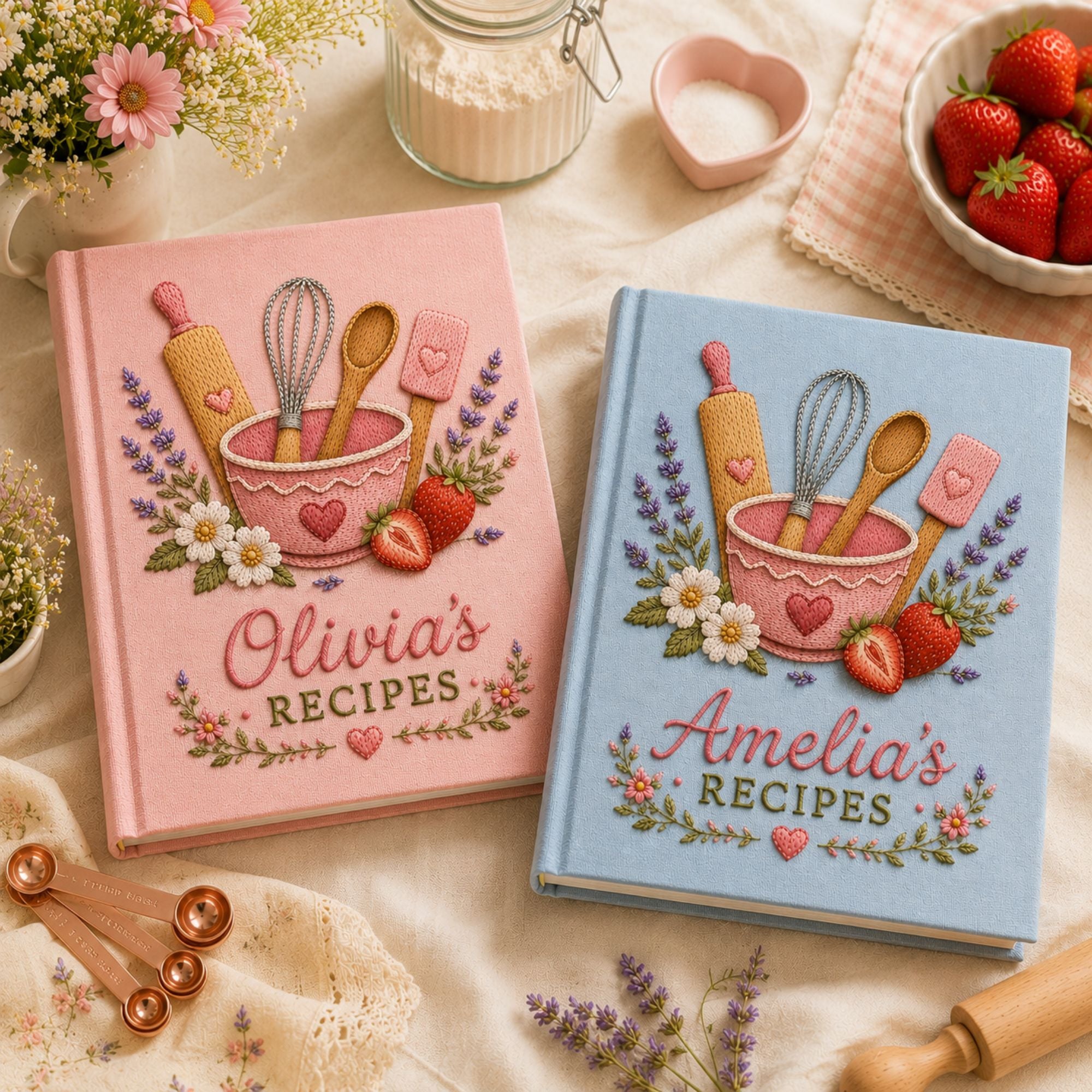 Personalized baking tools hand embroidered recipe book with whisk rolling pin spoon and strawberries