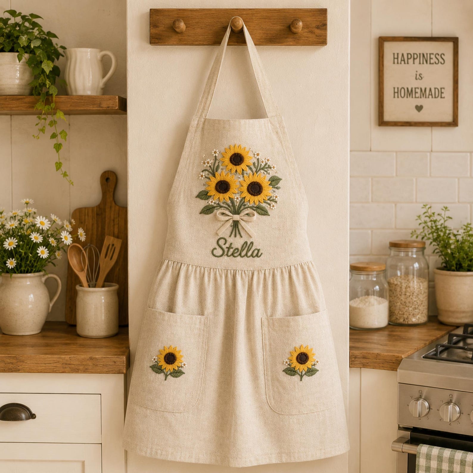 Personalized hand embroidered linen apron featuring a sunflower bouquet, white floral accents, ribbon detail, and custom name embroidery.