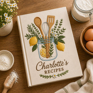 Personalized lemon herb kitchen hand embroidered recipe book featuring mason jar, whisk, wooden spoon, spatula, lemons, rosemary, and botanical embroidery