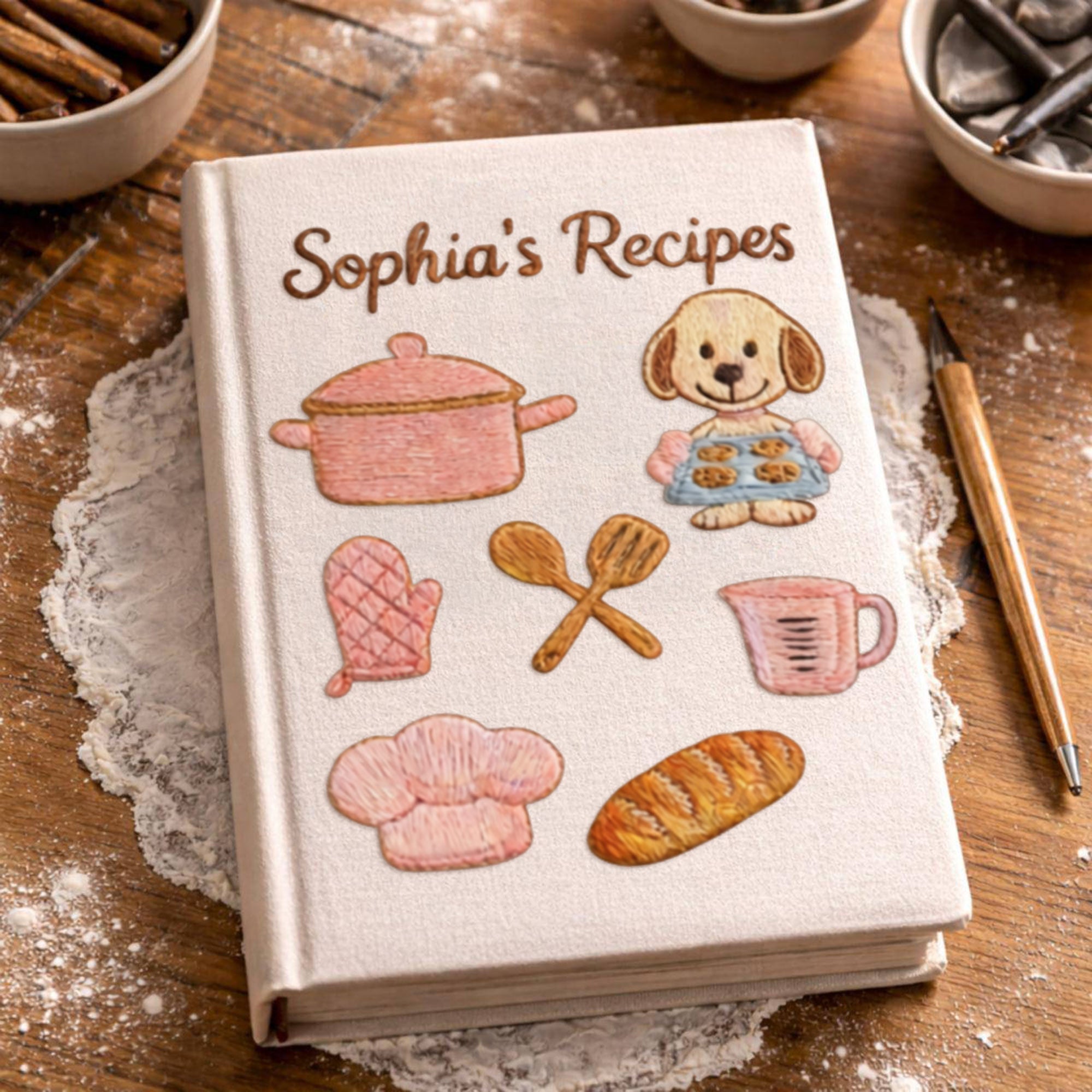 Personalized embroidered puppy baking recipe journal handmade linen cookbook 7