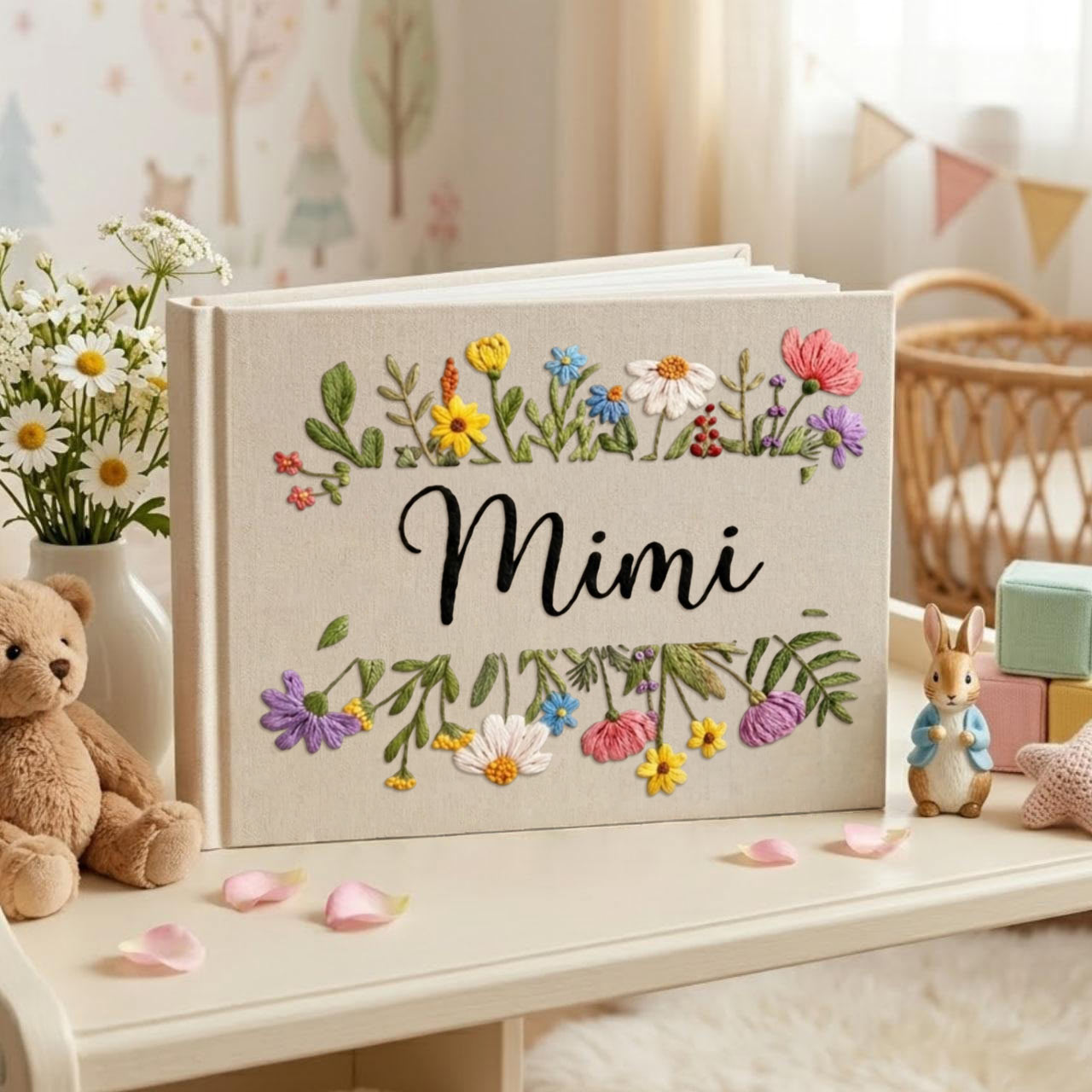 Personalized wildflower frame hand embroidered linen notebook with colorful floral border and custom name