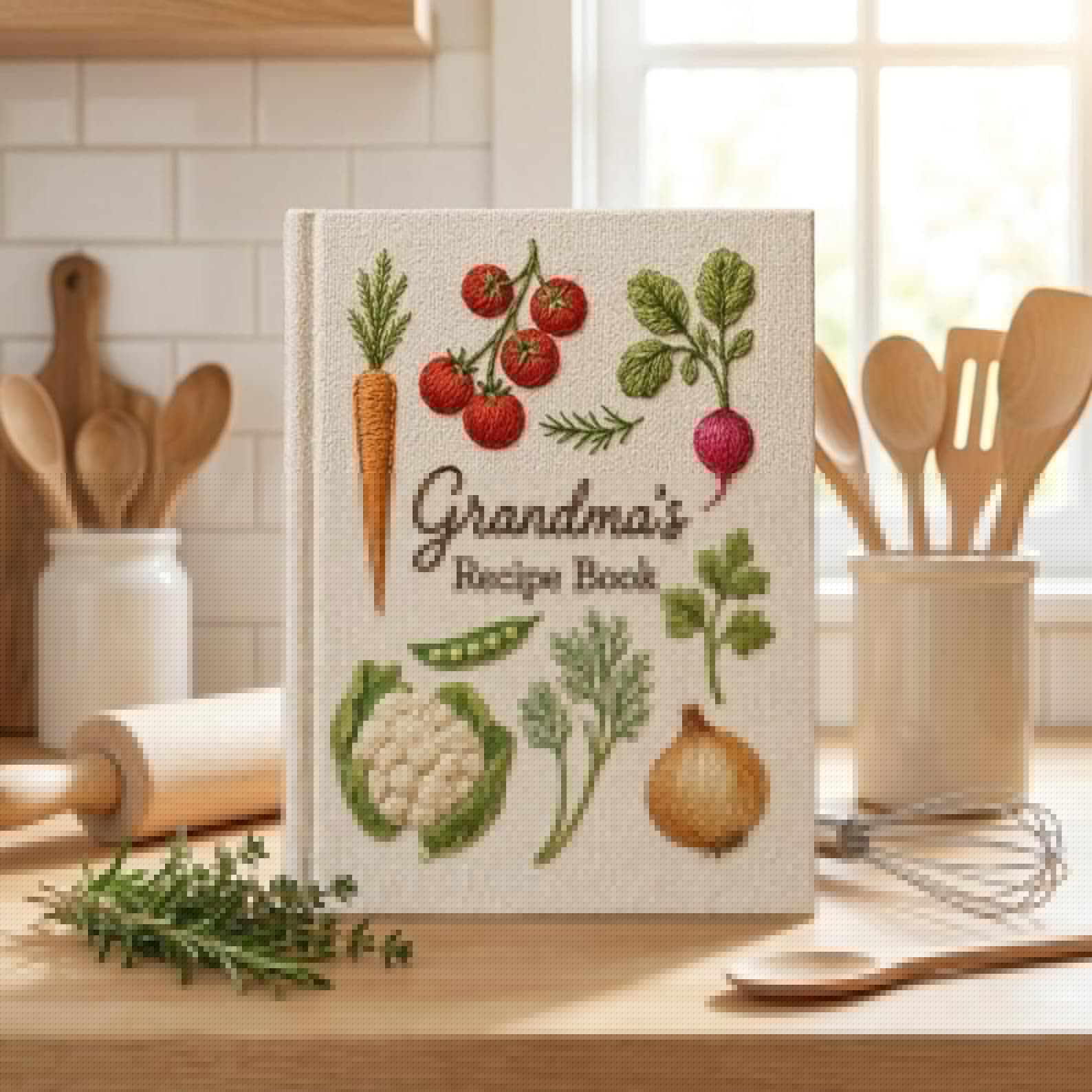 Personalized hand embroidered recipe book featuring carrots, tomatoes, radish, peas, cauliflower, onion, fresh herbs and garden harvest vegetables on natural linen cover.