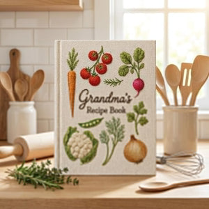 Personalized hand embroidered recipe book featuring carrots, tomatoes, radish, peas, cauliflower, onion, fresh herbs and garden harvest vegetables on natural linen cover.