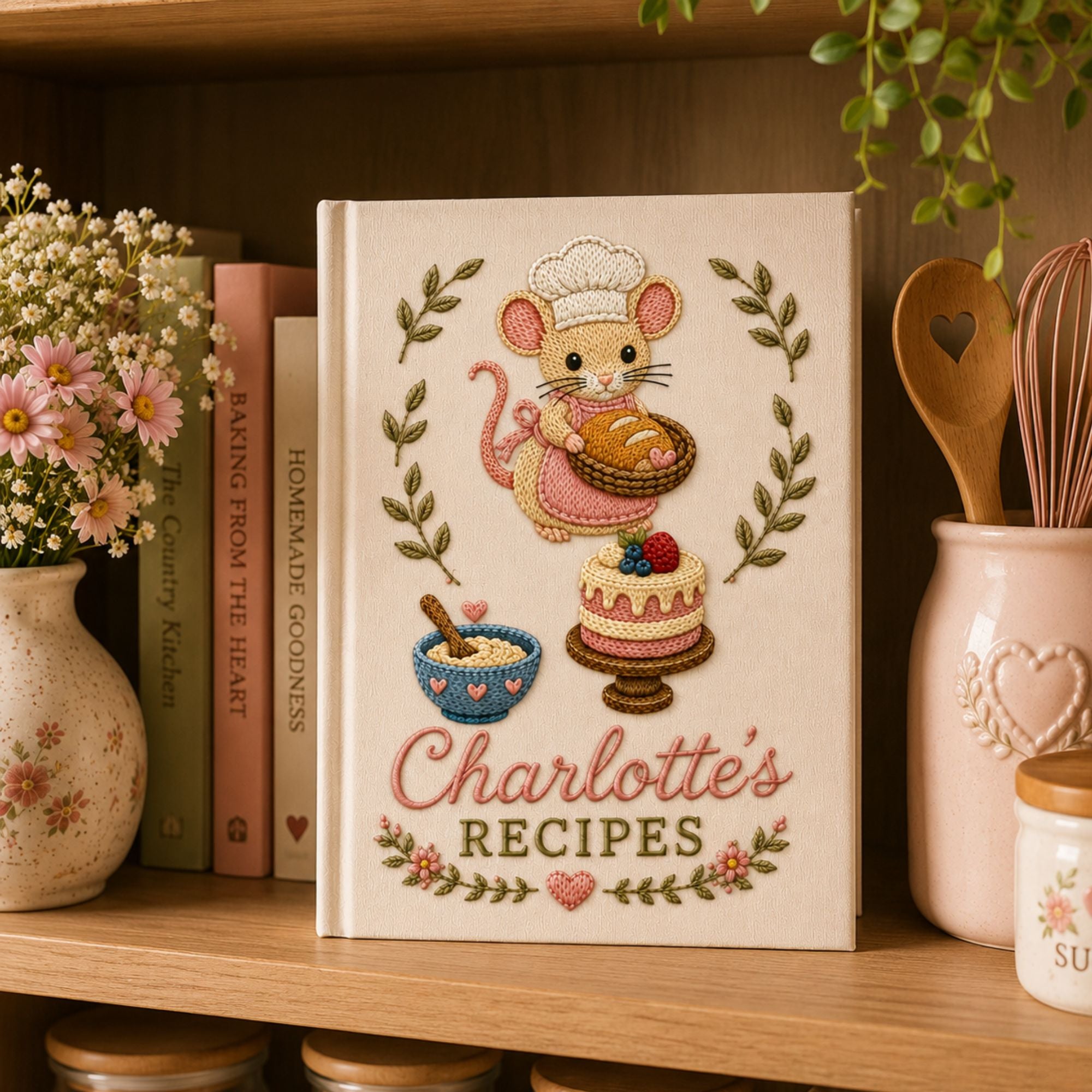 Personalized baking mouse hand embroidered recipe book with custom name and cottagecore bakery design