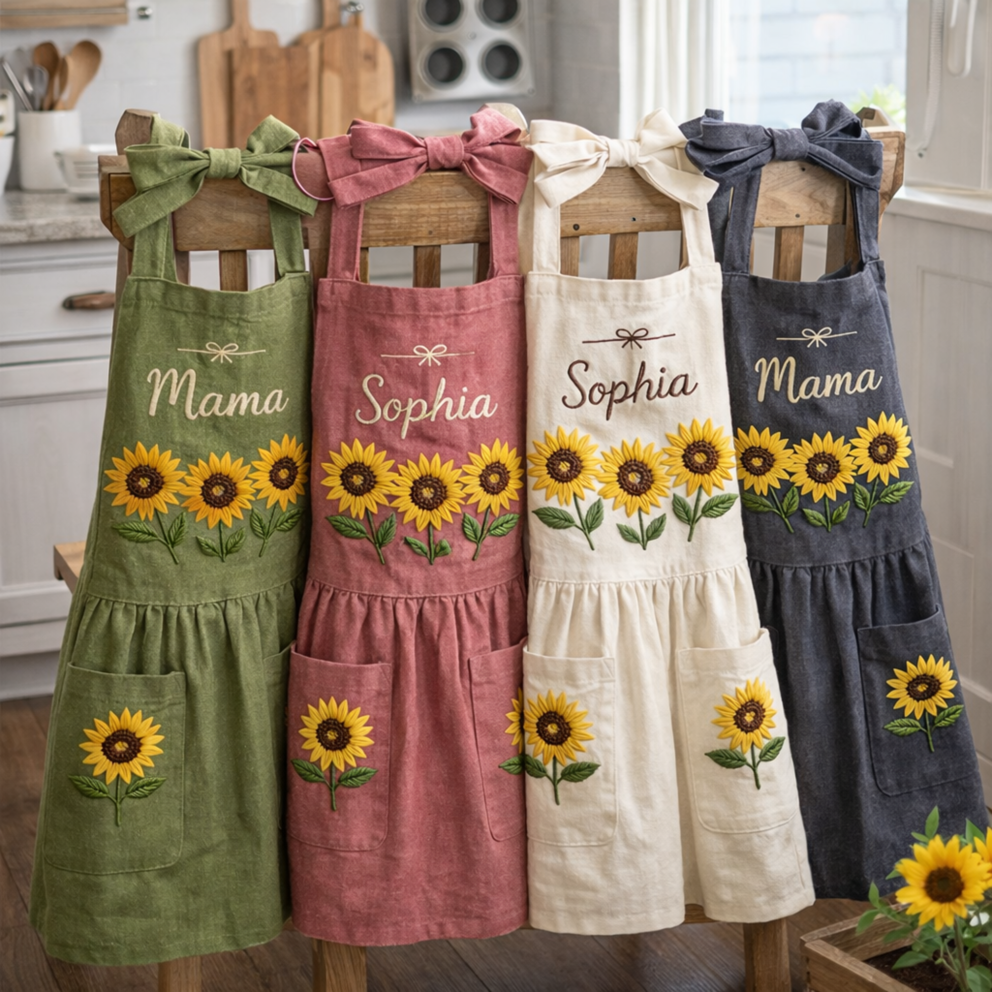 Personalized hand embroidered linen apron featuring three sunflower blooms, botanical foliage, floral pocket embroidery, and custom name personalization.