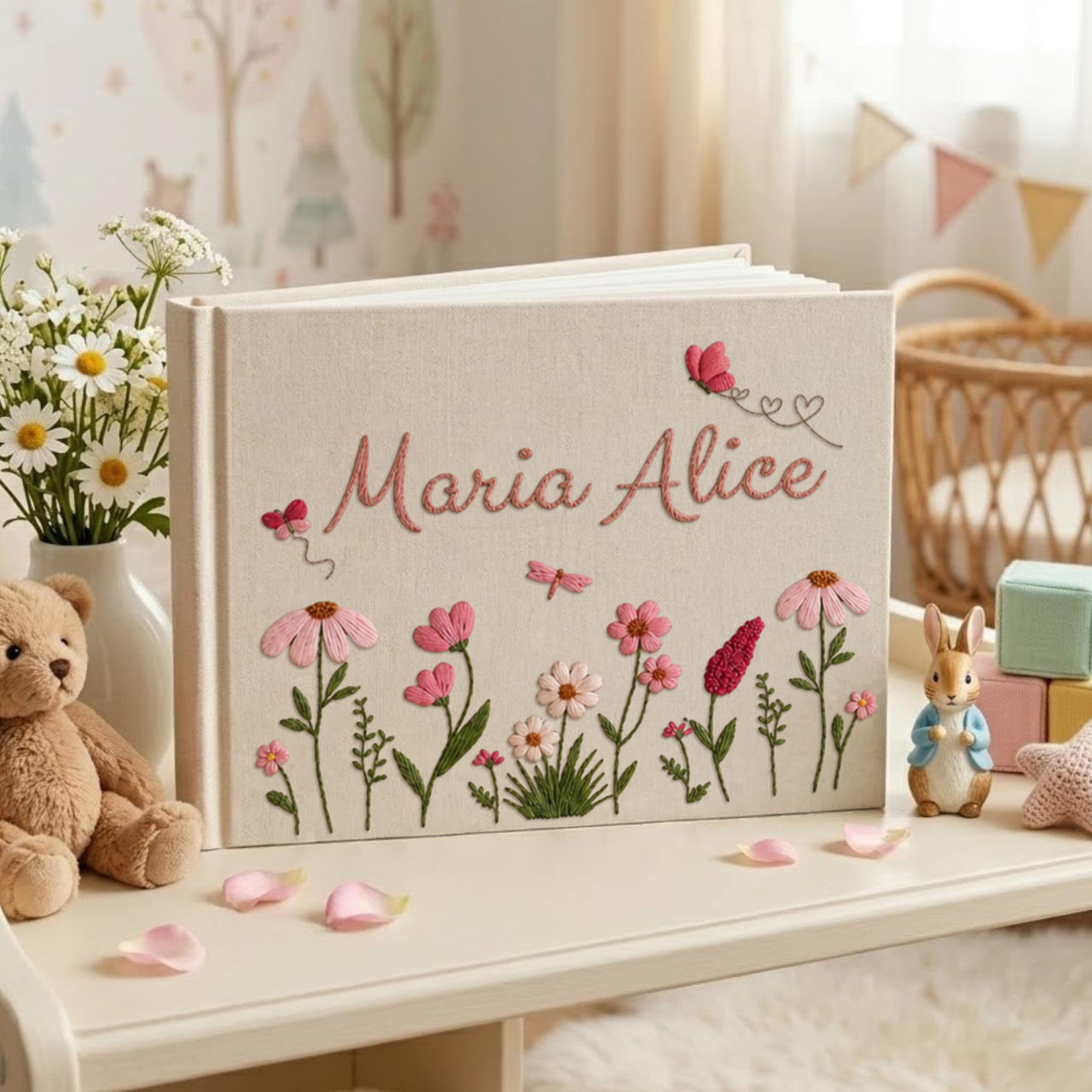 Personalized butterfly flower garden hand embroidered linen notebook with pink wildflowers and custom name