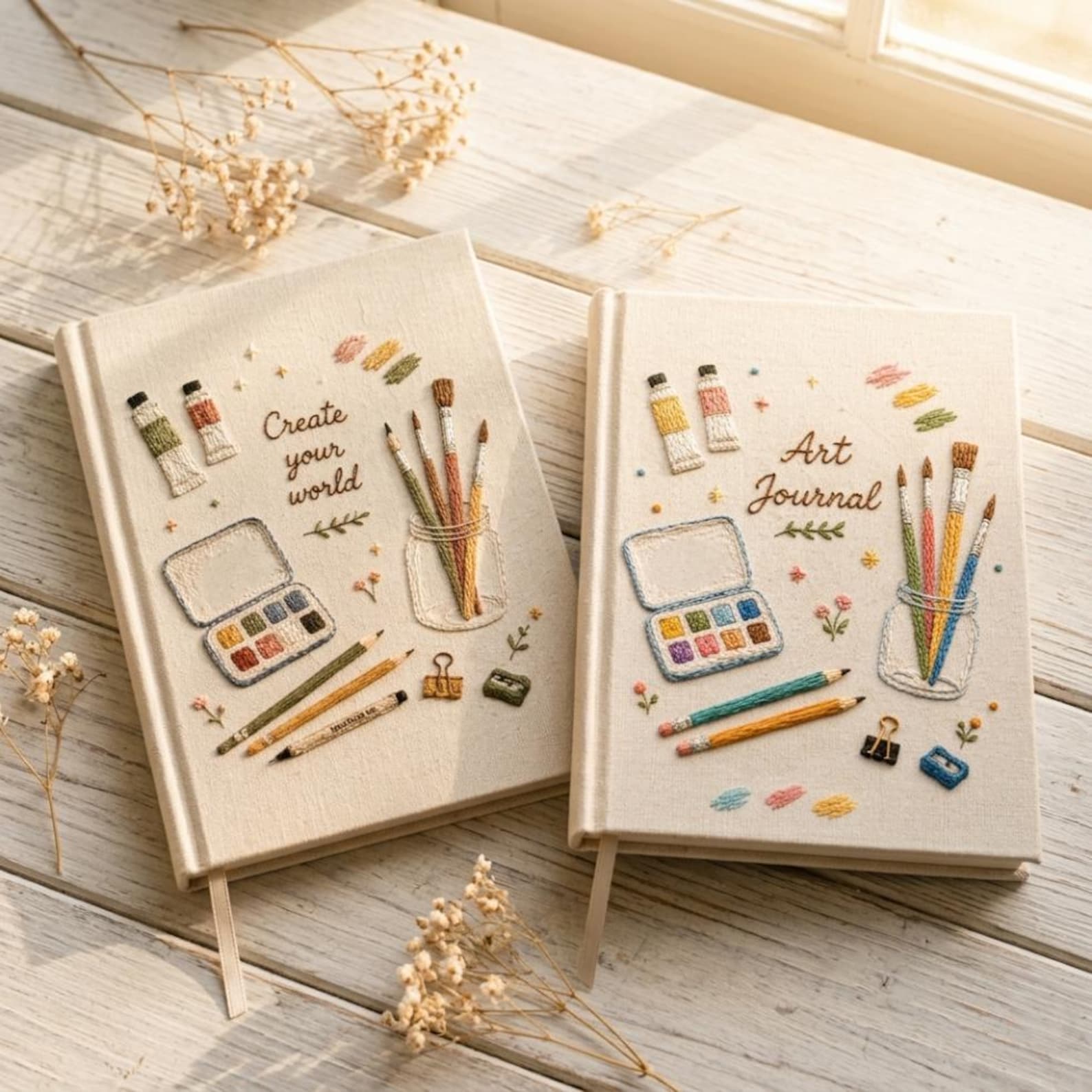 Hand embroidered artist journal featuring paint brushes watercolor palette pencils paint tubes and creative studio supplies on linen cover