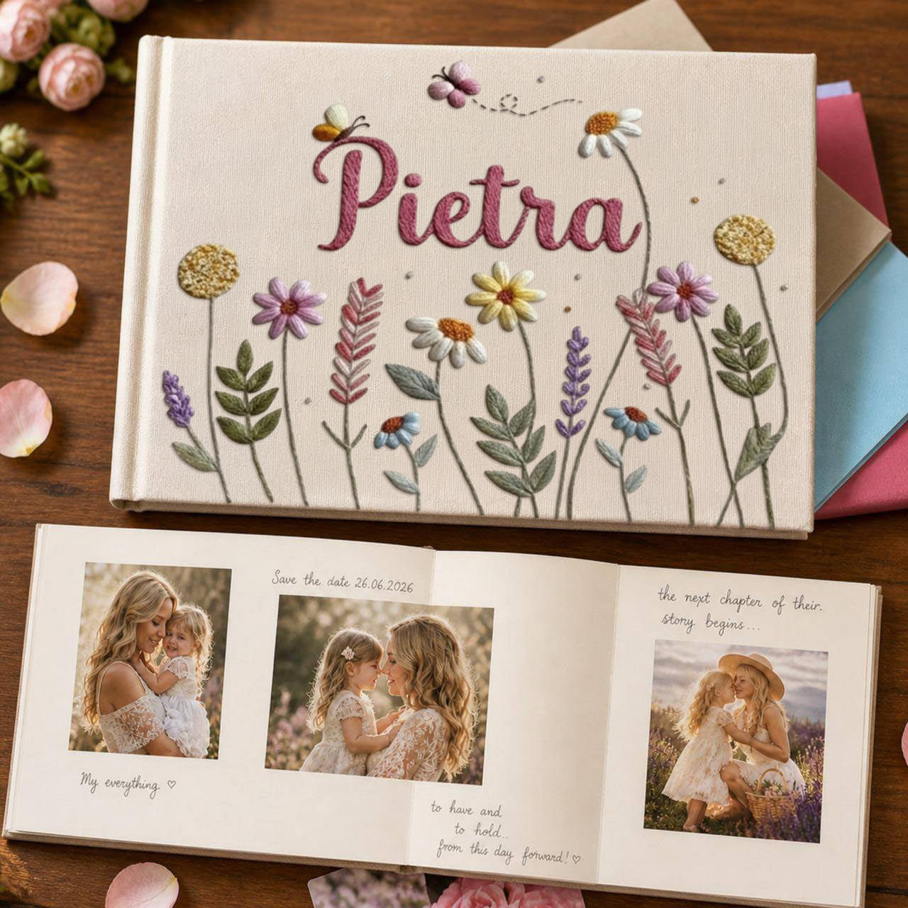 Personalized wildflower meadow hand embroidered linen notebook with botanical flowers and custom name
