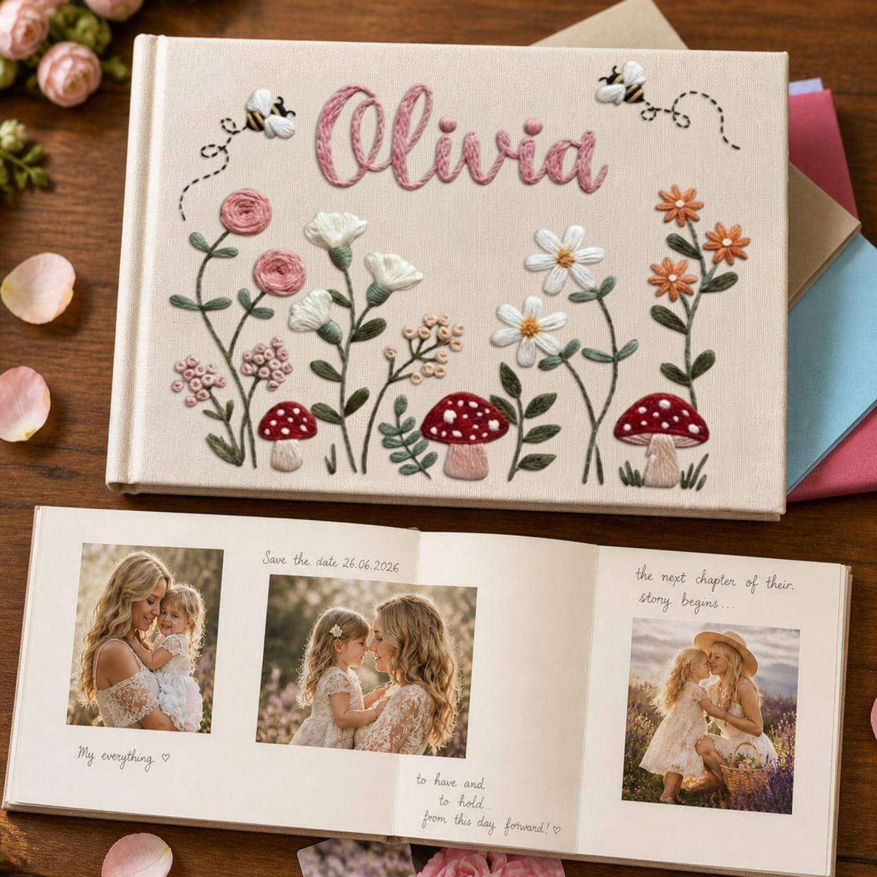 Personalized woodland mushroom garden hand embroidered linen notebook with wildflowers bees and custom name