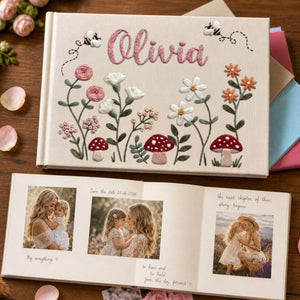 Personalized woodland mushroom garden hand embroidered linen notebook with wildflowers bees and custom name