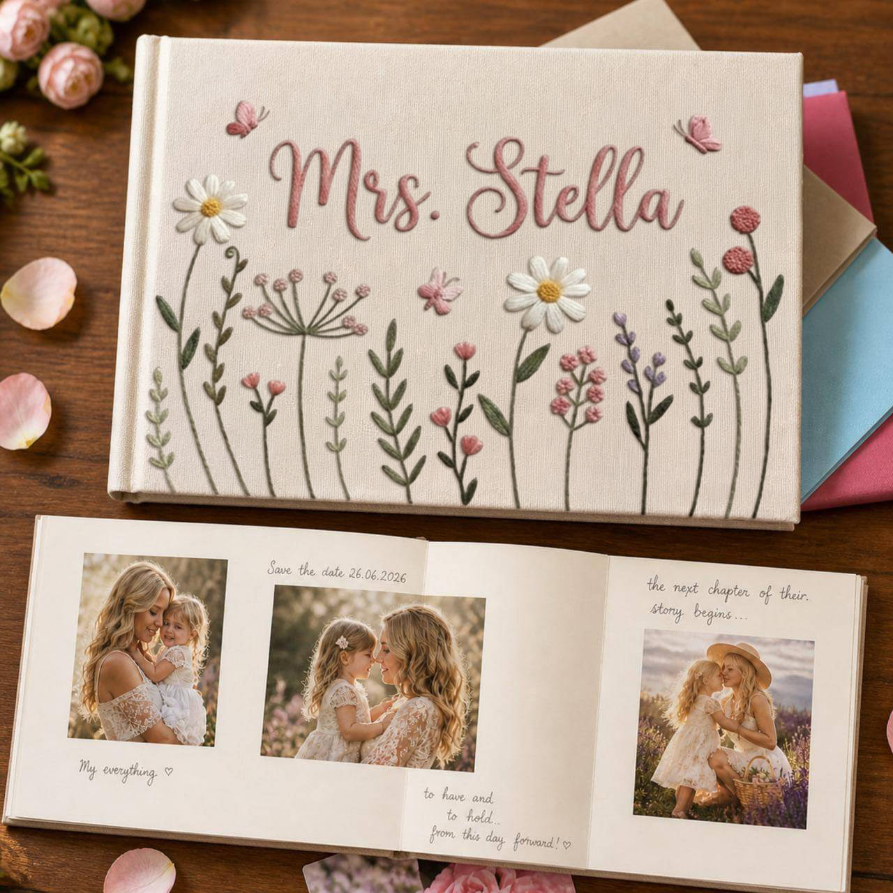 Personalized cottage garden floral hand embroidered linen notebook with daisies wildflowers and custom name
