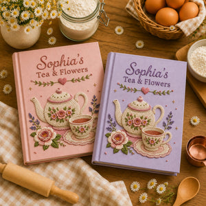 Personalized floral teapot hand embroidered recipe book with custom name and tea party design