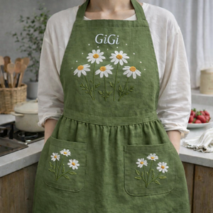 Personalized hand embroidered linen apron featuring white daisy flowers, botanical foliage, custom name embroidery, and floral pocket details.