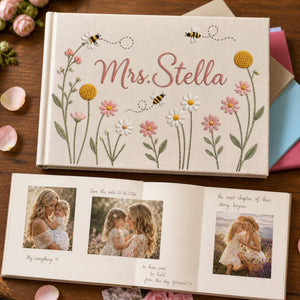 Personalized daisy bee garden hand embroidered linen notebook with floral embroidery and custom name