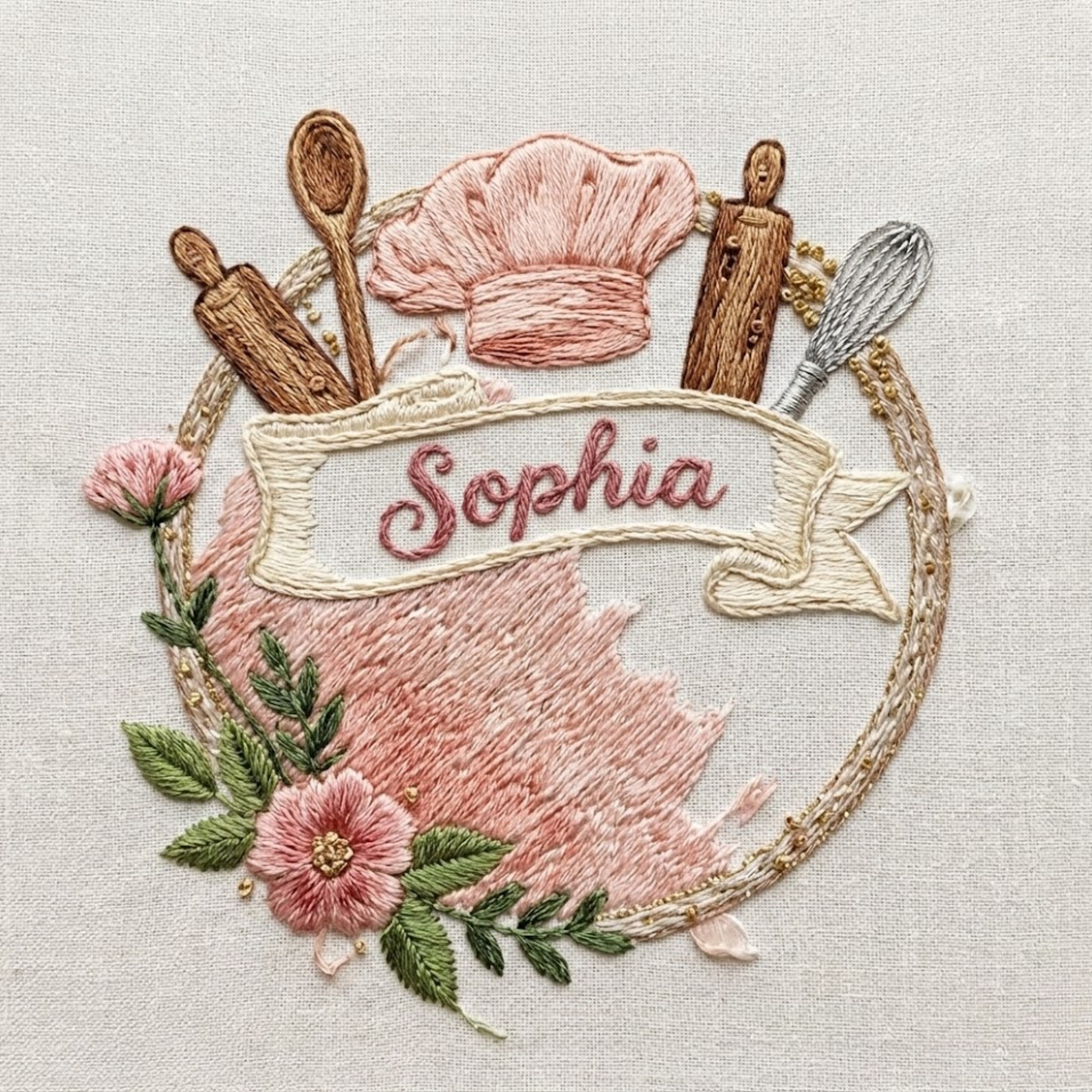 Personalized hand embroidered recipe book featuring chef hat, rolling pins, whisk, wooden spoon, floral accents, and custom name embroidery on a linen hardcover notebook.