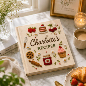 Personalized strawberry bakery hand embroidered recipe book featuring strawberries jam cupcakes layered cakes cookies and floral embroidery